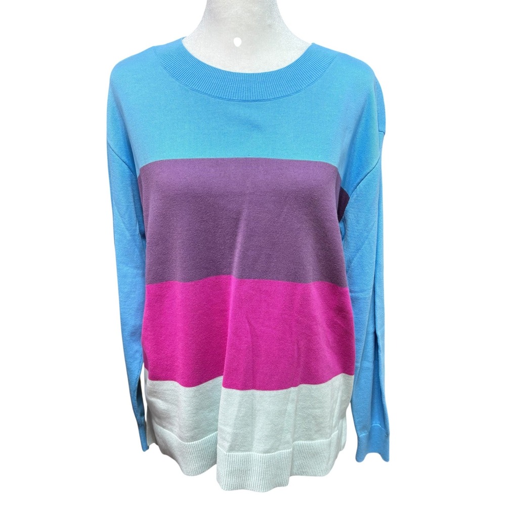 Lands End Drifter Colorblock Cotton Sweater Blue Purple Pink M Petite 10-12 #K96